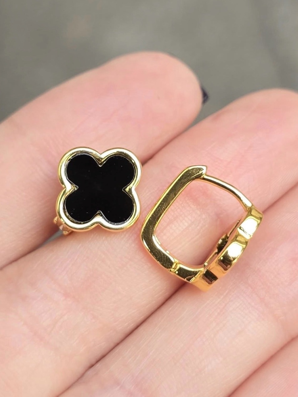 Gold-Tone Black Clover Floral Huggie Earrings - Women Jewelry
